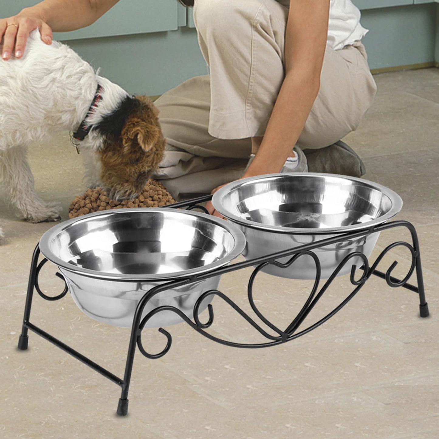 Stainless Steel Double Dog Cat Food Water Bowls Feeder Dishes Stand