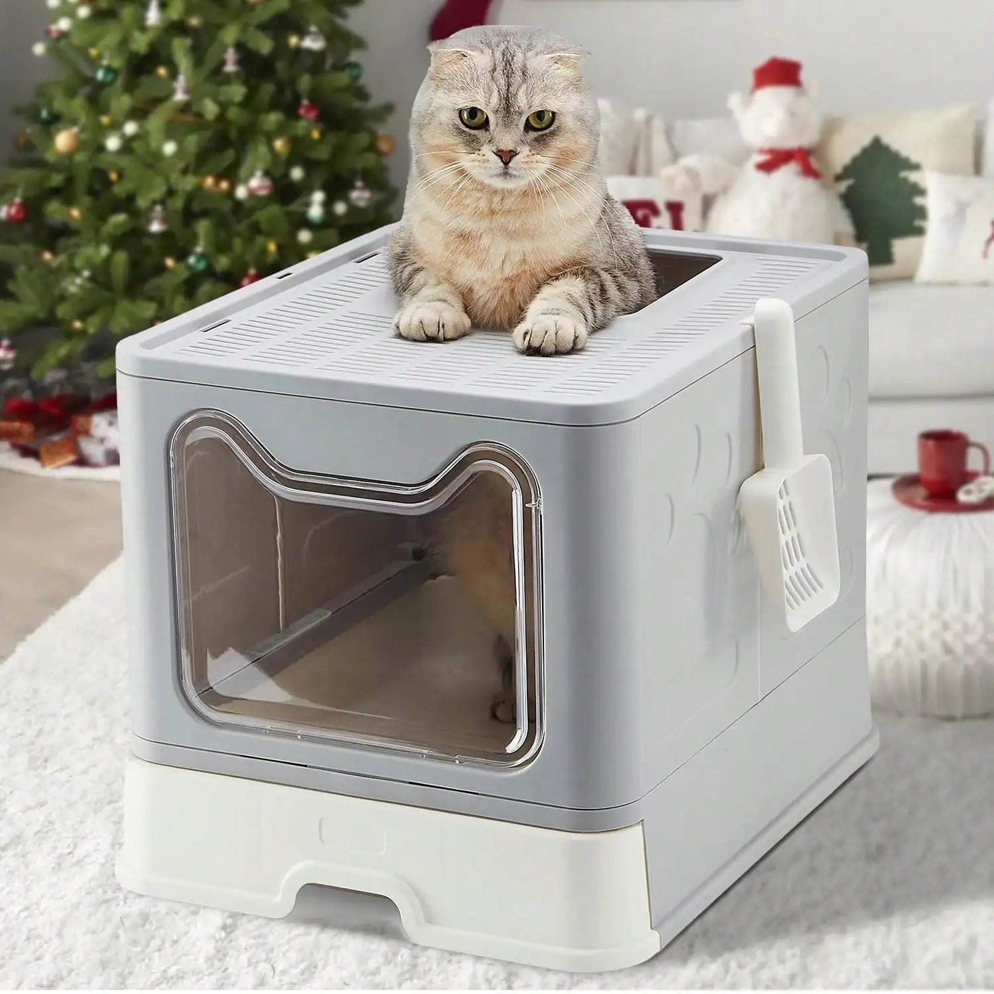 Convenient Foldable Litter Box with Drawer Design and Scooper for Easy Cat Waste Management