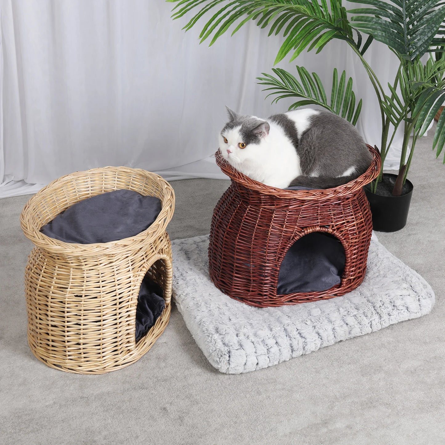 2-Tier Wicker Cat Bed with Soft Cushions Double Layer Indoor Pet Sleeping and Play House
