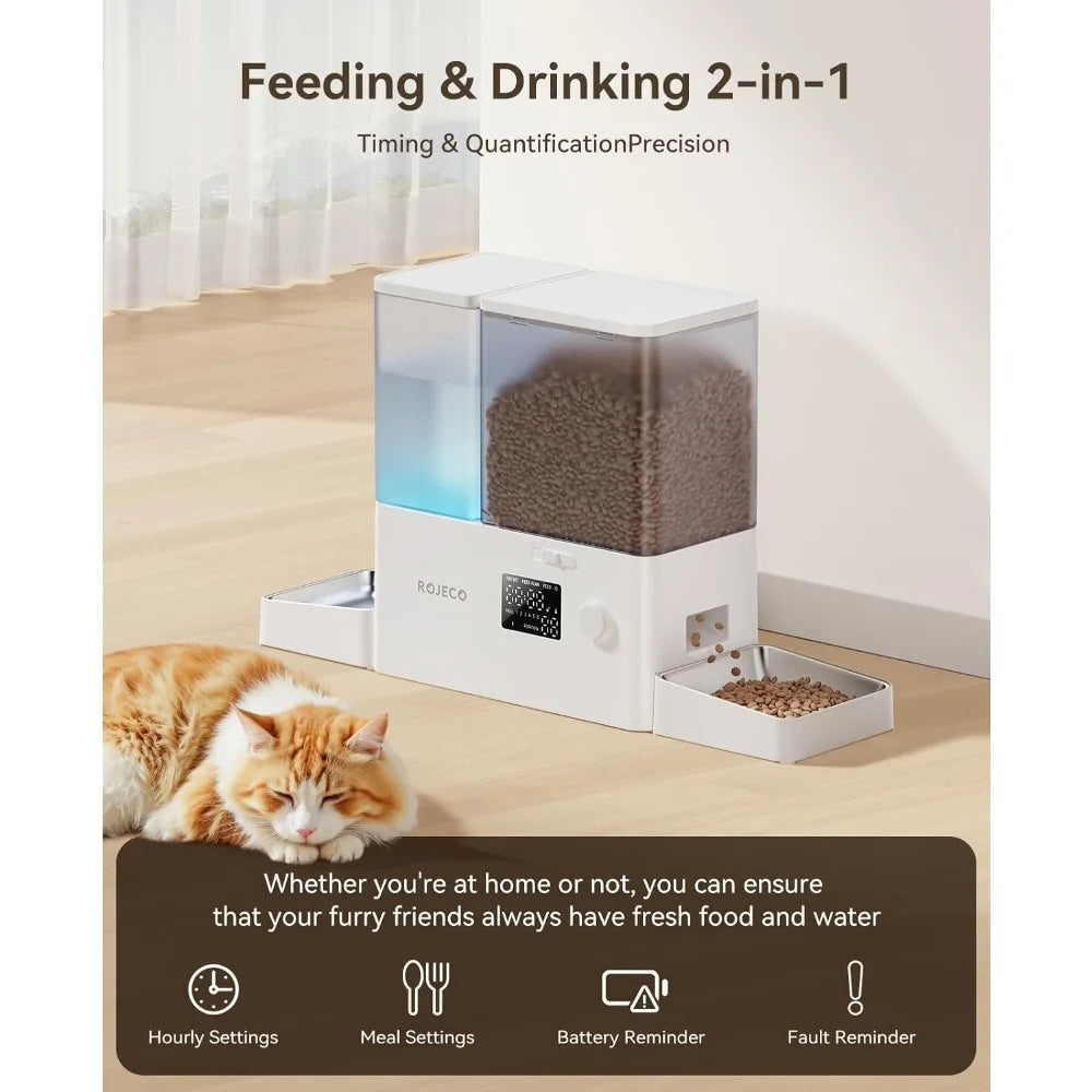 Automatic Cat Feeder and Gravity Water Dispenser 2-in-1 Set Large Capacity with Steel Bowls