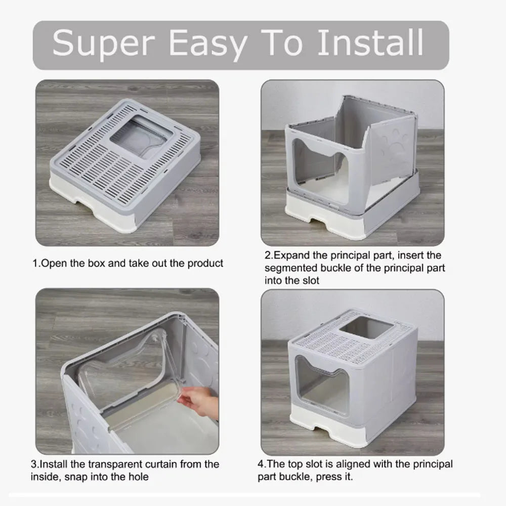 Convenient Foldable Litter Box with Drawer Design and Scooper for Easy Cat Waste Management