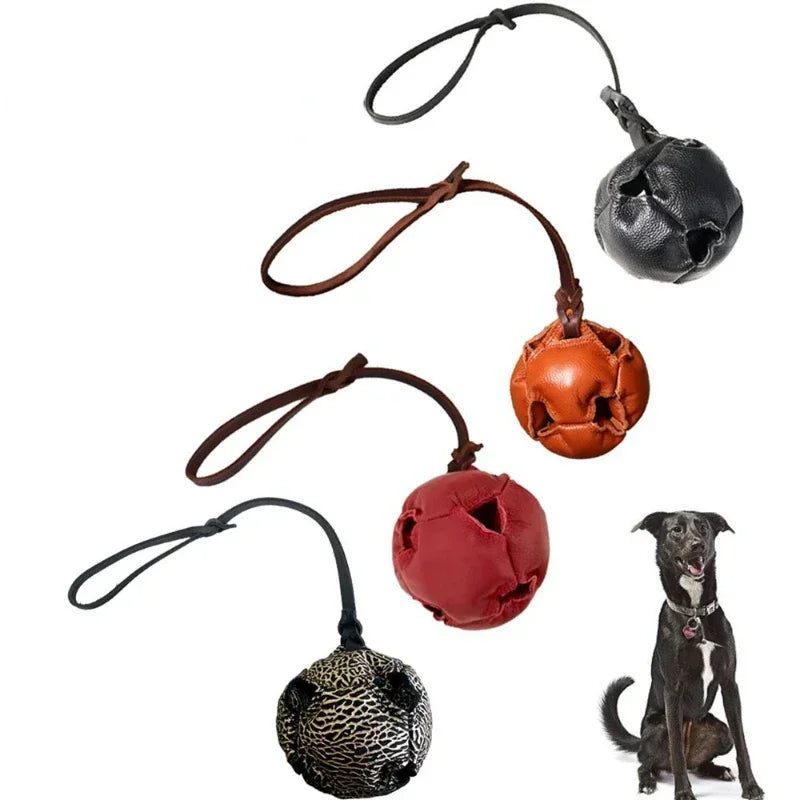 Leather Dog Training Ball Toy with Handle for Fetch Play and Tug