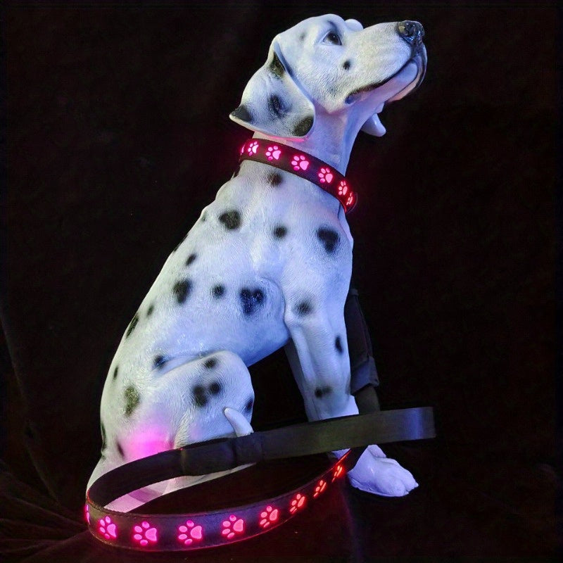 7 Color LED Dog Collar with Paw Pattern USB Rechargeable Adjustable Fit for Nighttime Safety