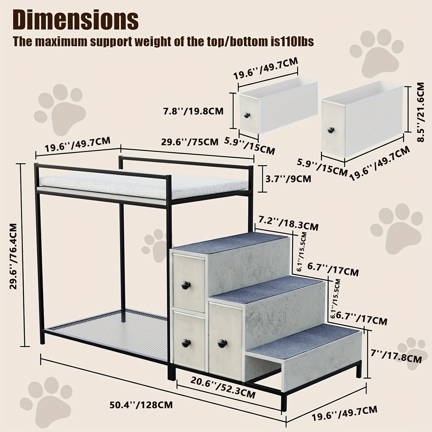 Multi Level Pet Bunk Bed with Stairs and Storage for Small to Medium Dogs