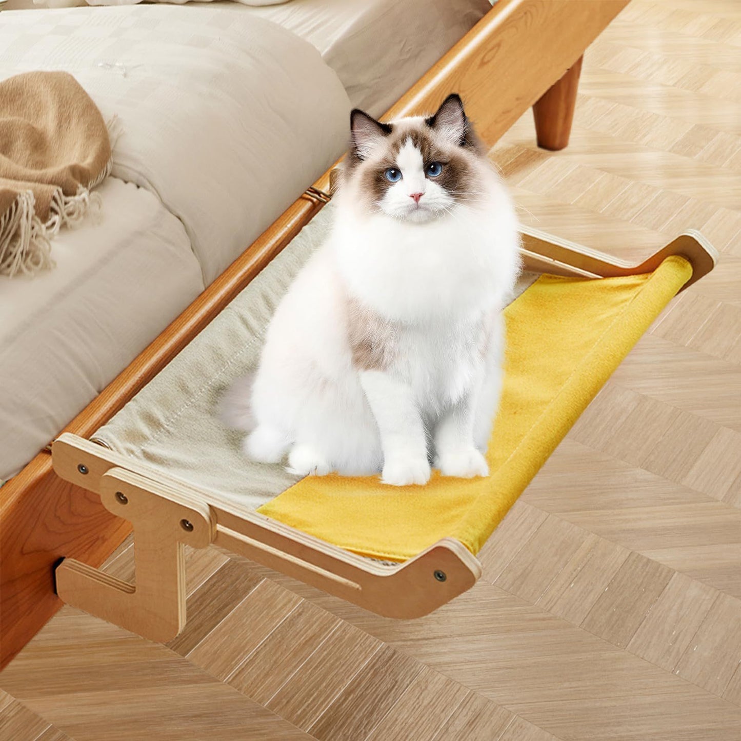 Cat Window Perch Bed Wooden Frame Yellow Patchwork Cover
