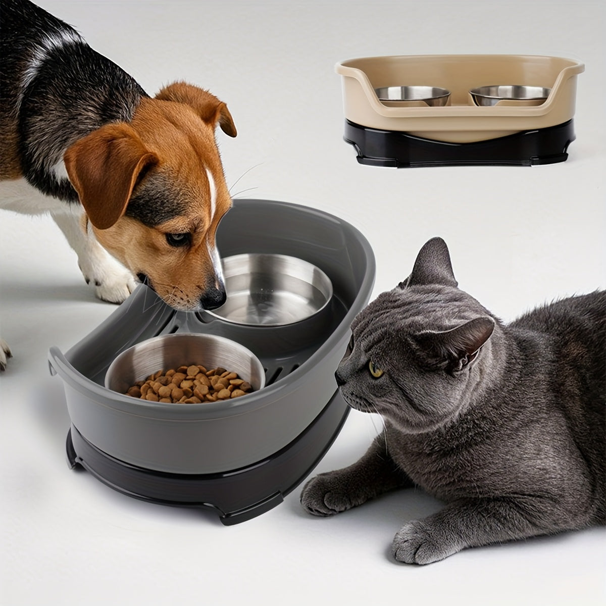 Stainless Steel Double Pet Bowl Set with Anti-Tip Design for Dogs and Cats
