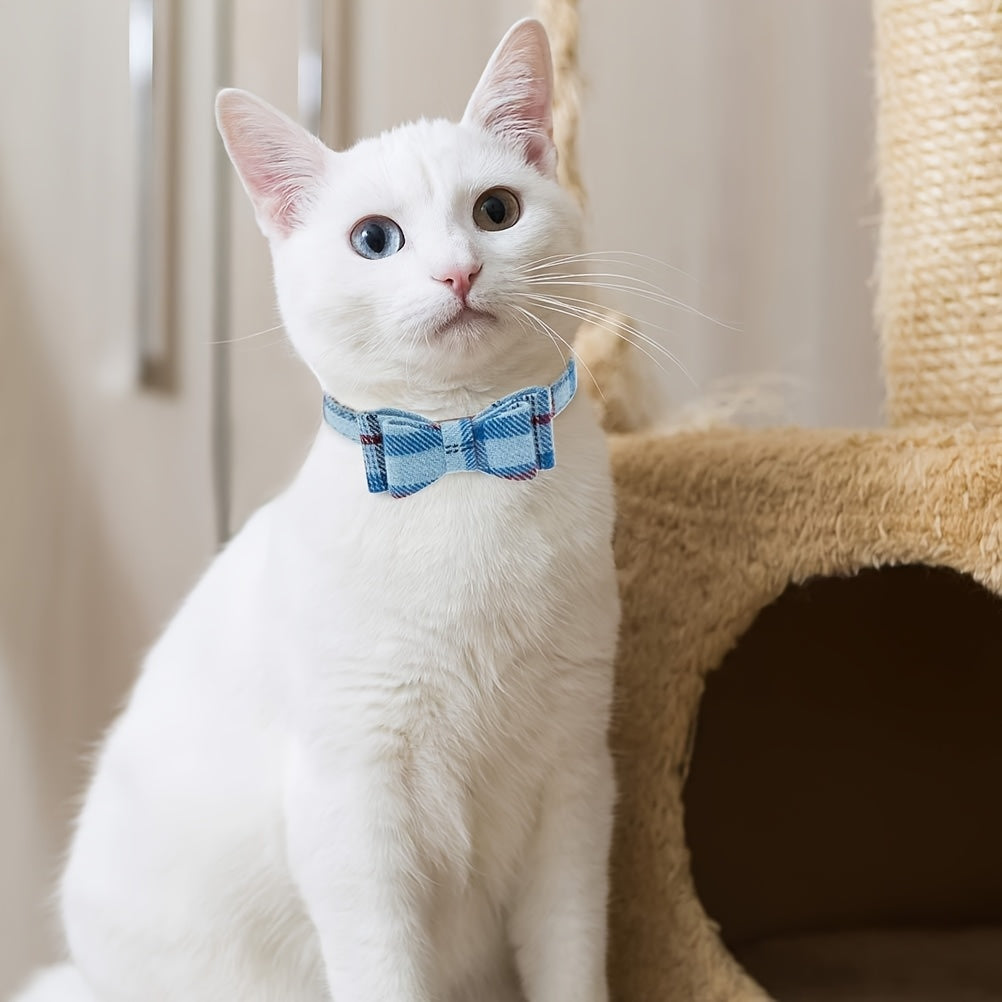 Cute Blue Plaid Dog Collar and Leash Set with Bow Tie and Bandana for Outdoor Walking