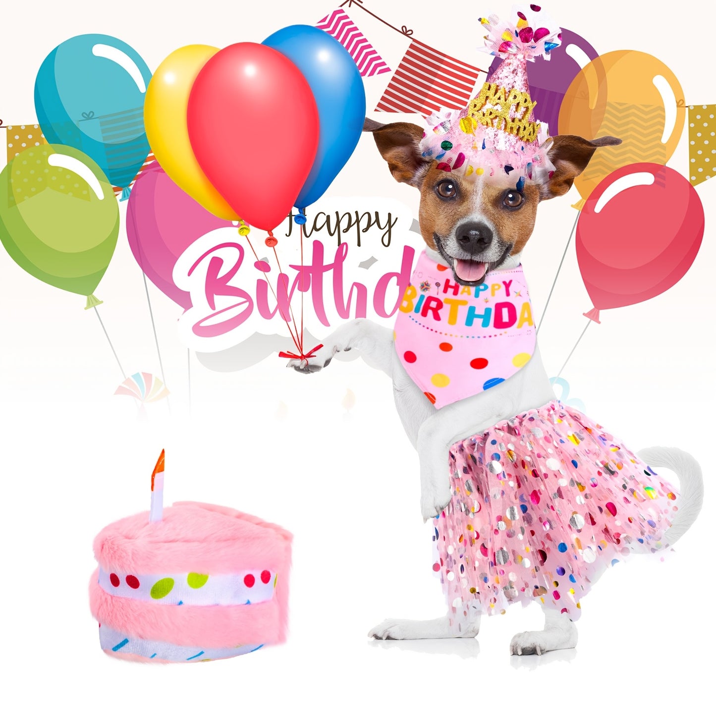 4pcs Dog Birthday Party Outfit Set with Bandana Hat Tutu Skirt and Dress for Medium Breeds
