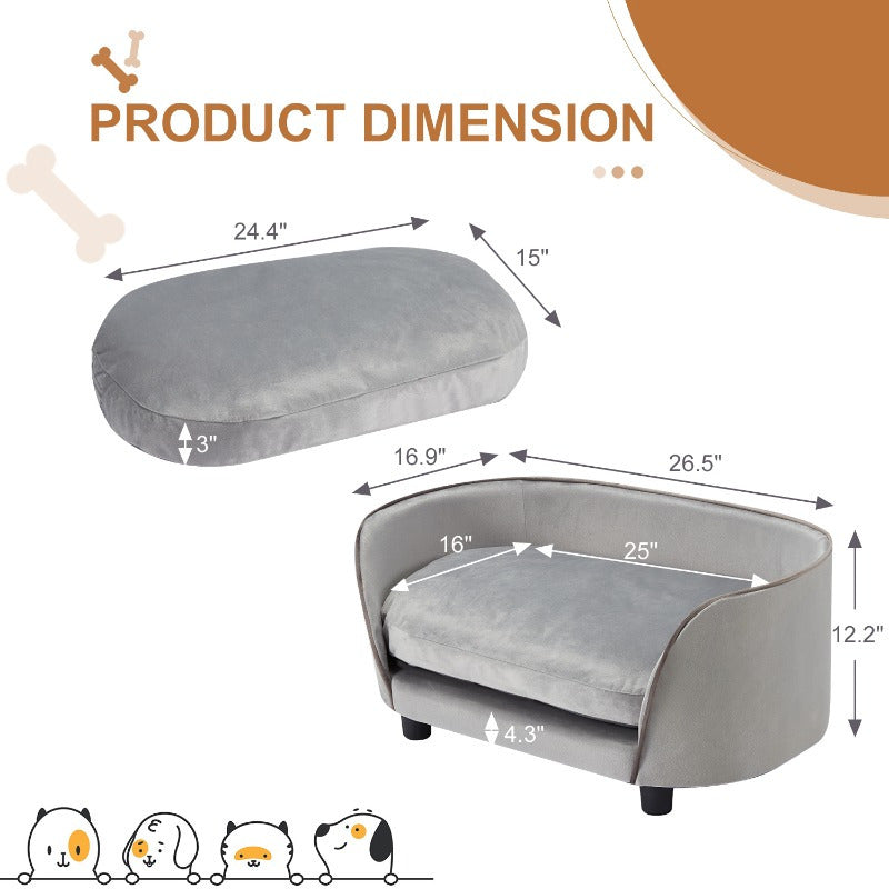 Modern Wooden Pet Sofa Bed for Small to Medium Dogs and Cats with Washable Cushion in Light Gray