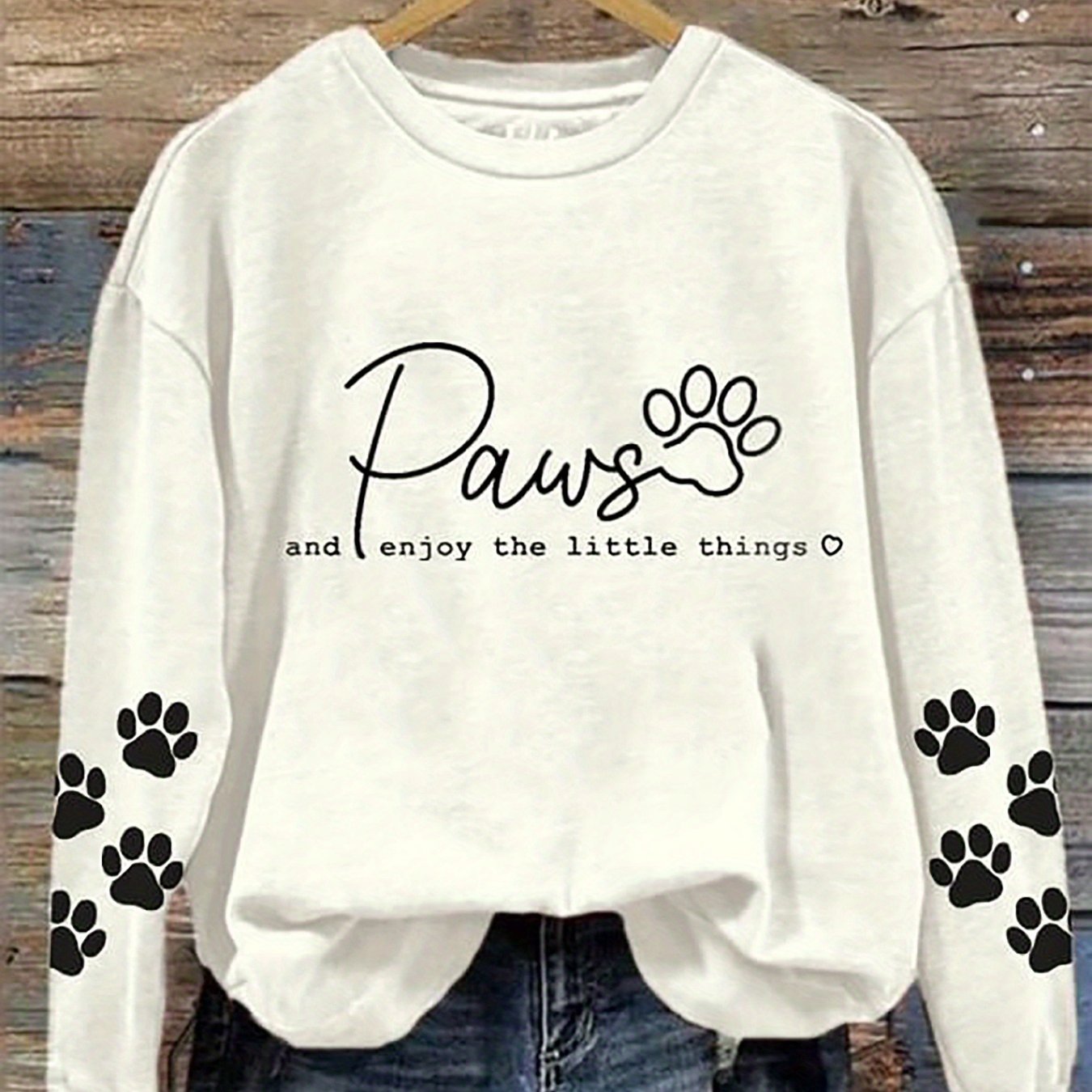 Cozy Paw Print Crew Neck Sweatshirt for Women Casual Long Sleeve Pullover for Fall and Winter