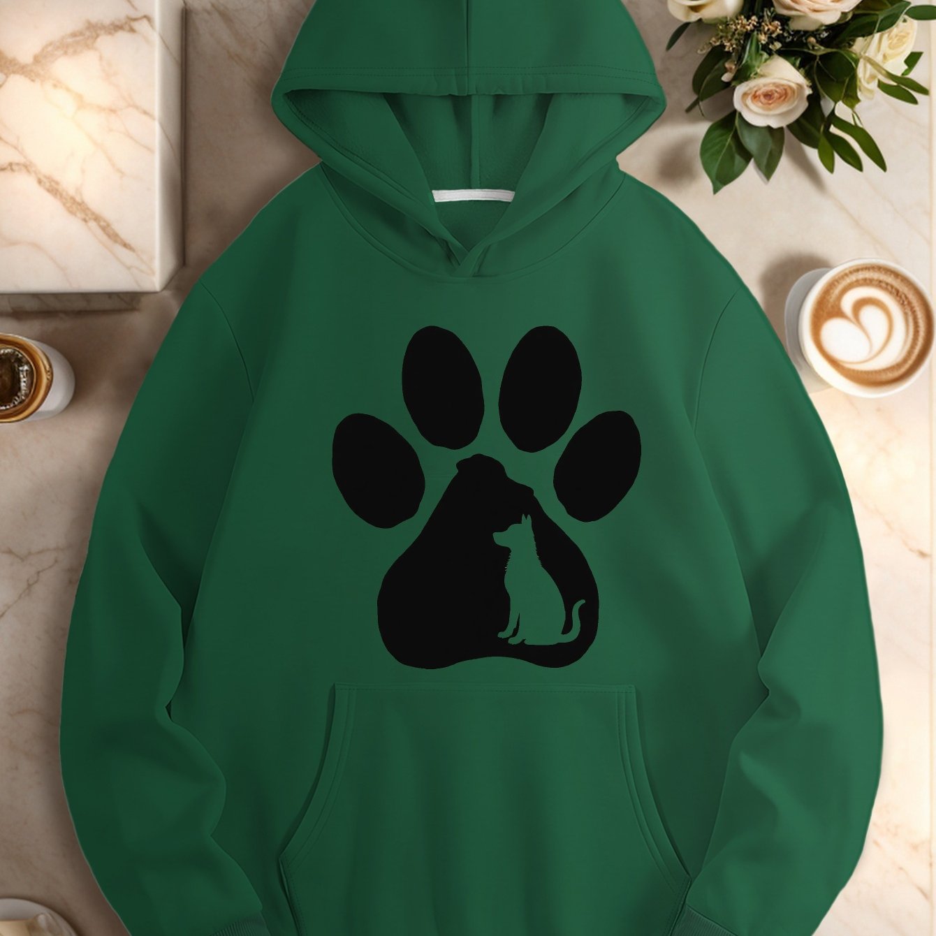 Women's Plus Size Cozy Hoodie with Dog and Cat Paw Print Red Long Sleeve Casual Sweatshirt