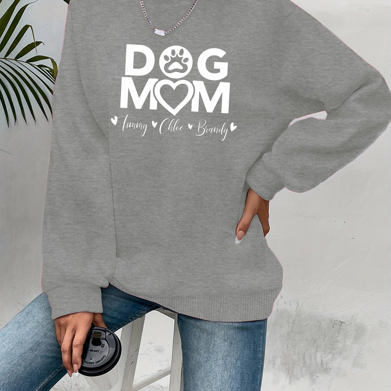 Teediy Women's Dog Mom Pink Sweatshirt with Paw Prints Casual Pullover for Autumn Winter