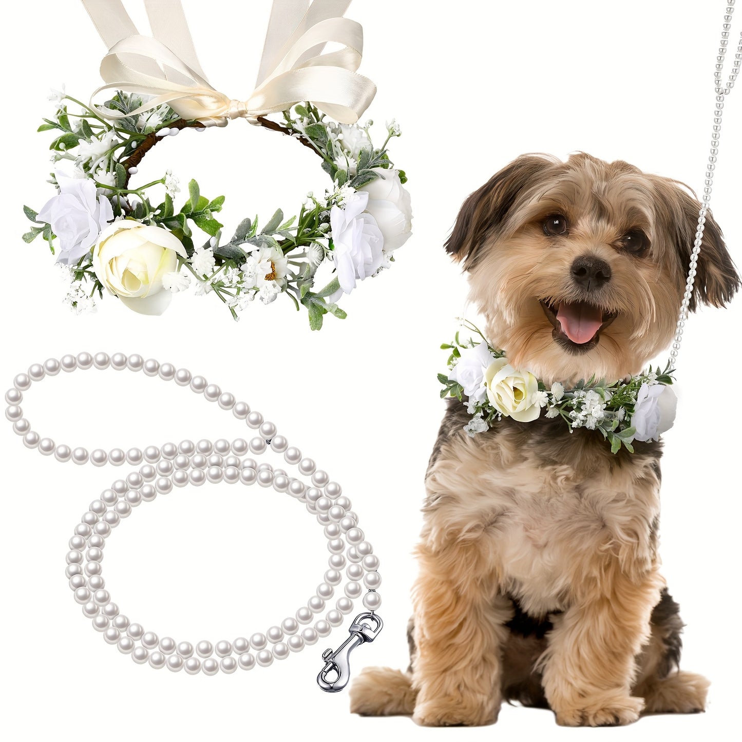 2 Piece Dog Flower Collar and Leash Set with Pearls for Weddings Adjustable for Medium Dogs