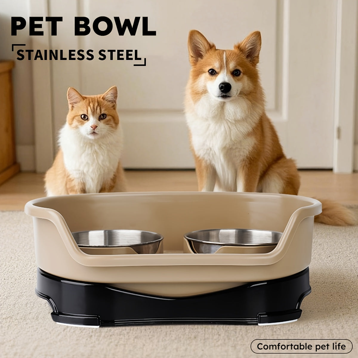 Stainless Steel Double Pet Bowl Set with Anti-Tip Design for Dogs and Cats