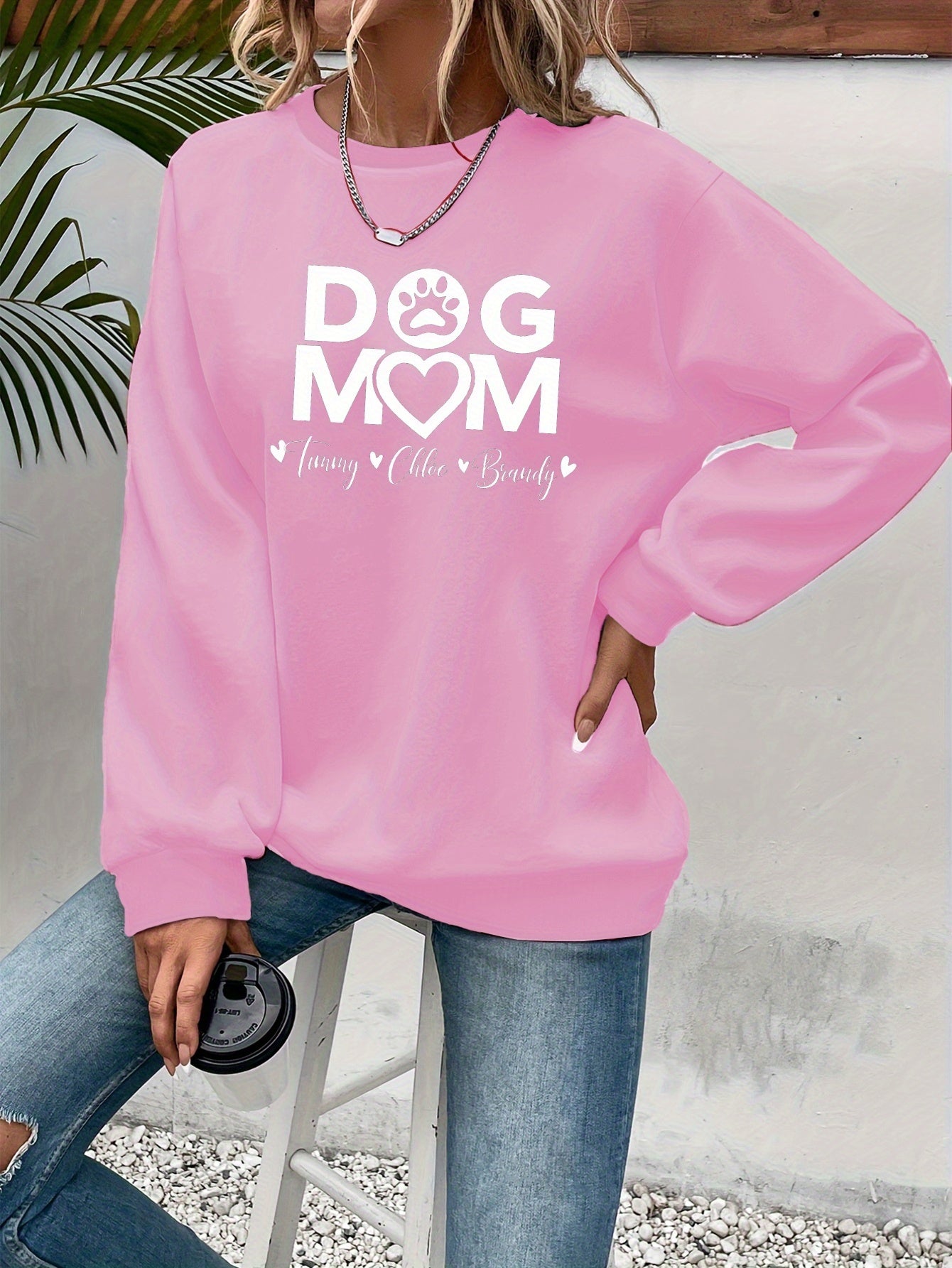 Teediy Women's Dog Mom Pink Sweatshirt with Paw Prints Casual Pullover for Autumn Winter