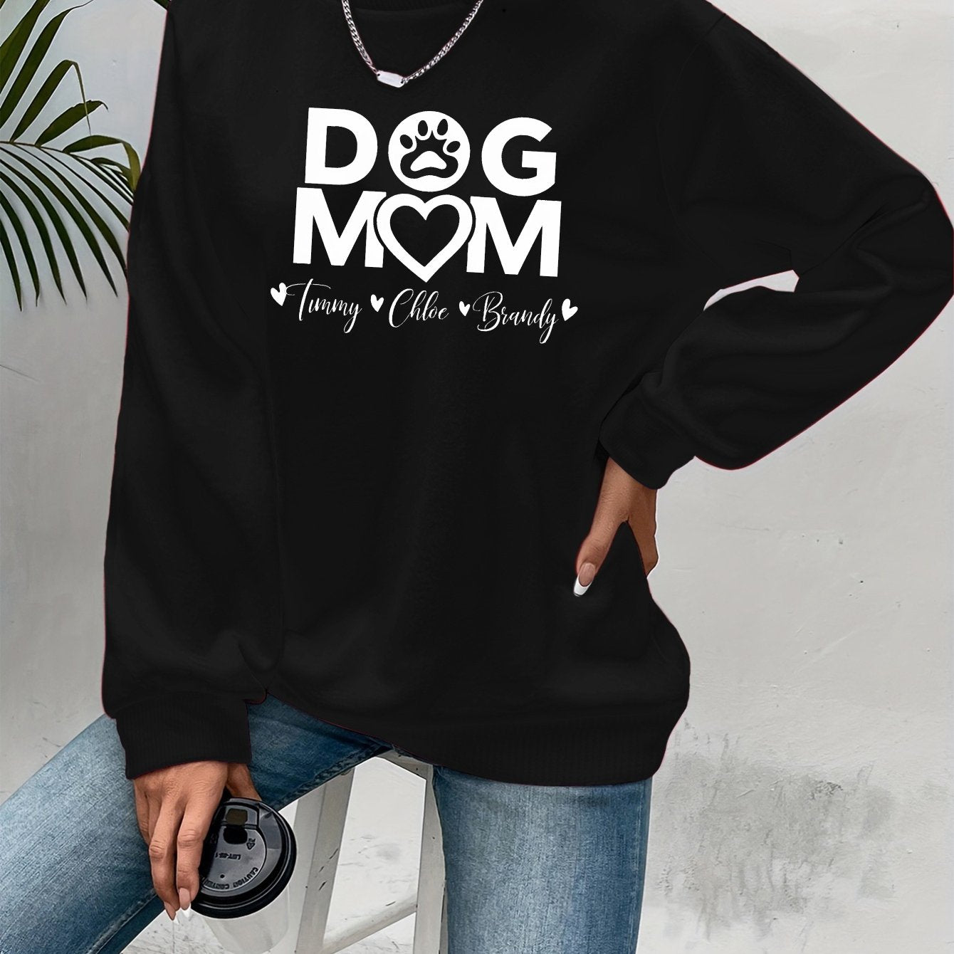 Teediy Women's Dog Mom Pink Sweatshirt with Paw Prints Casual Pullover for Autumn Winter