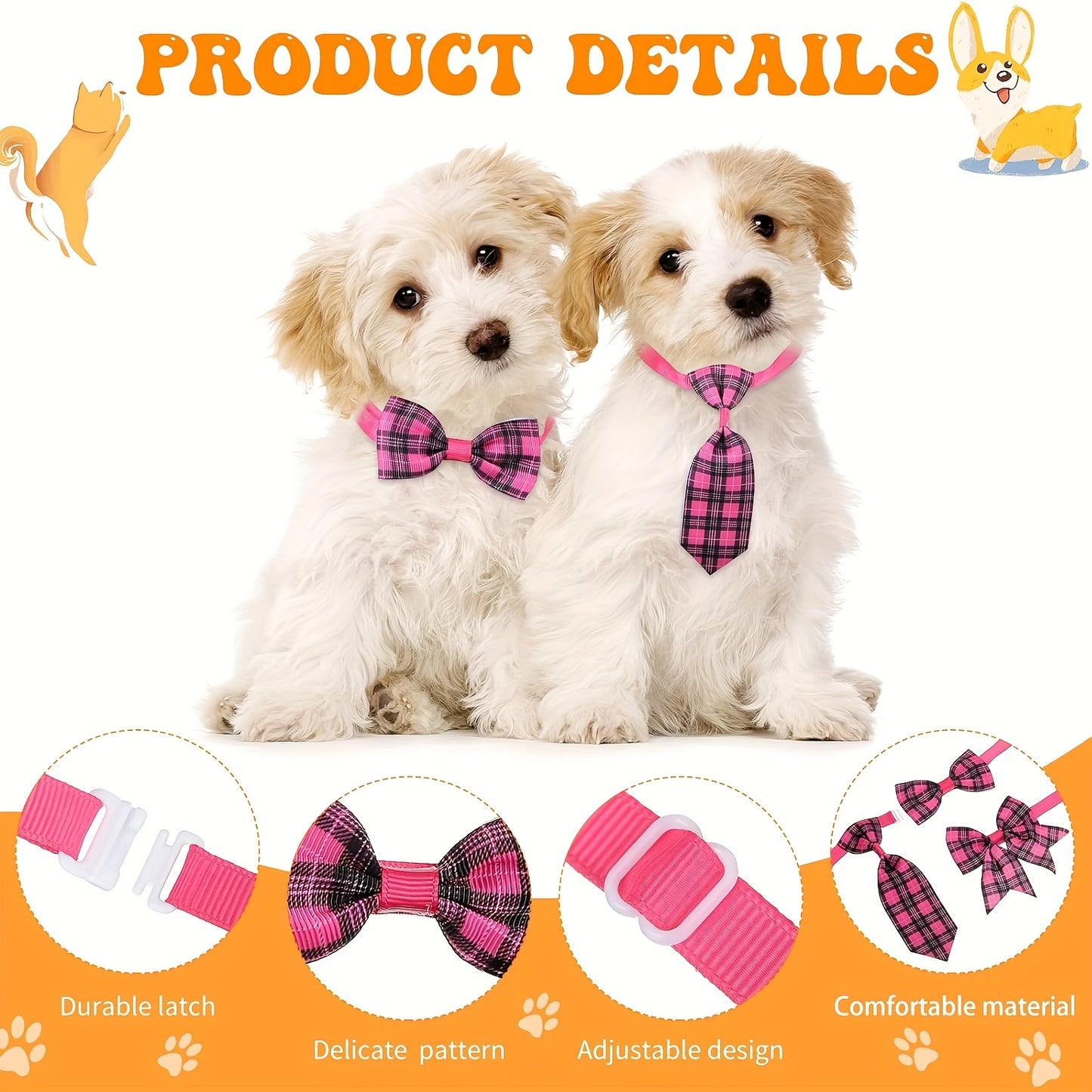 100pcs Plaid Dog Bow Tie Collar Set with Neckties Bow Ties and Collar Flowers for Dogs
