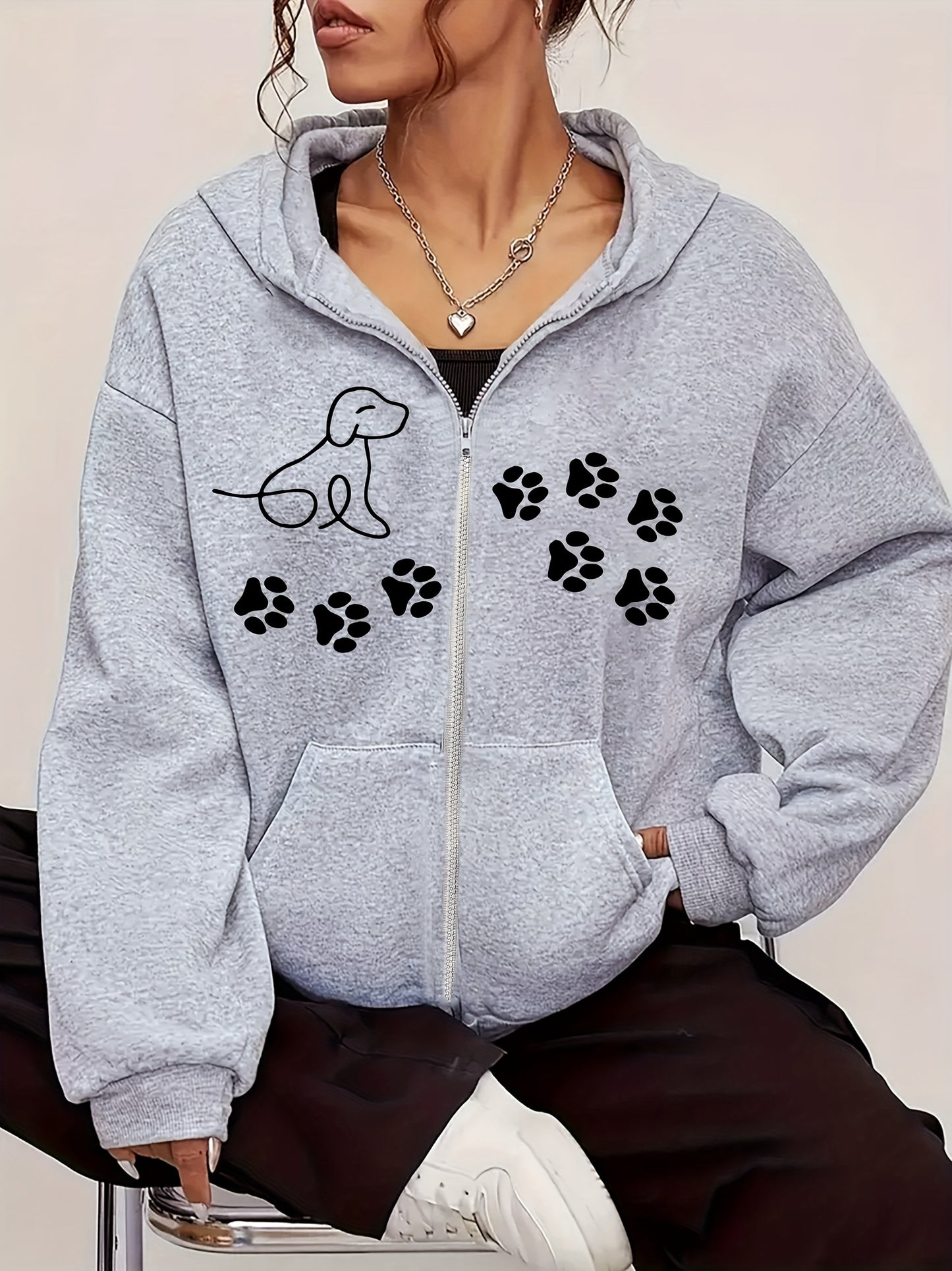 Women's Trendy Black Hoodie with Dog Paw Print Cozy Fleece Zip-Up Sweatshirt and Kangaroo Pocket