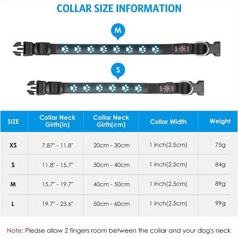 7 Color LED Dog Collar with Paw Pattern USB Rechargeable Adjustable Fit for Nighttime Safety