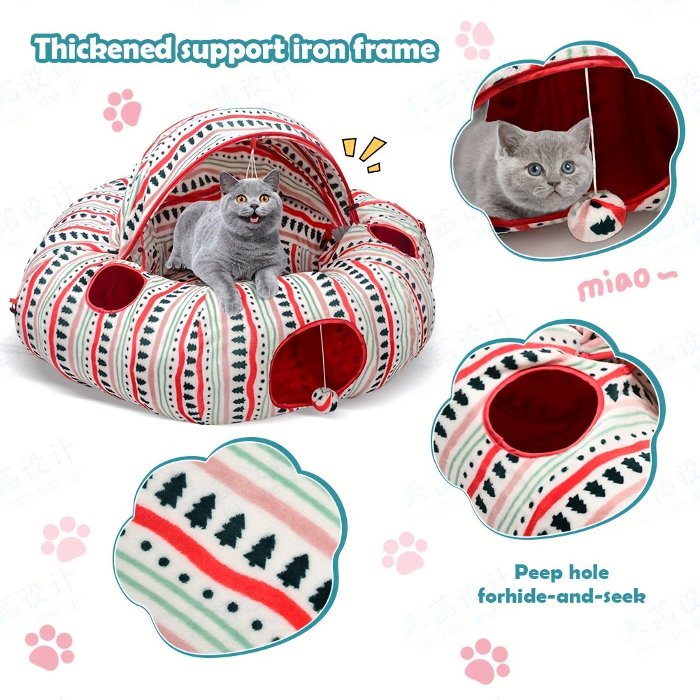 Soft Plush Cat Tunnel Bed Peekaboo Cave Red Striped