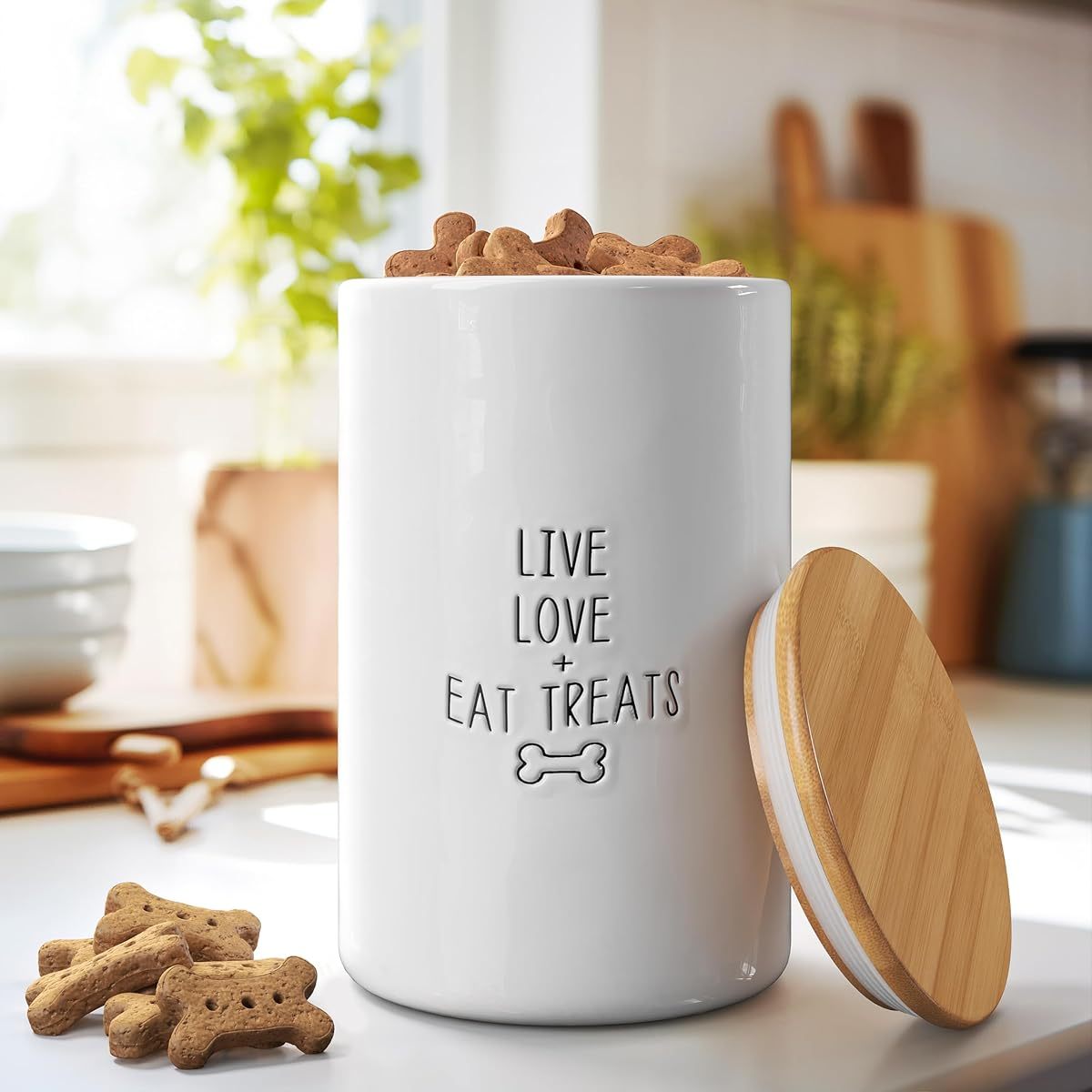 Large Ceramic Dog Treat Jar With Airtight Lid White Counter