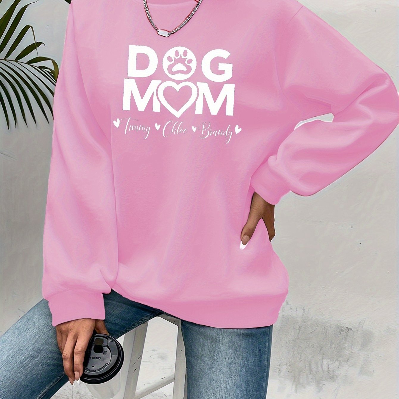 Teediy Women's Dog Mom Pink Sweatshirt with Paw Prints Casual Pullover for Autumn Winter