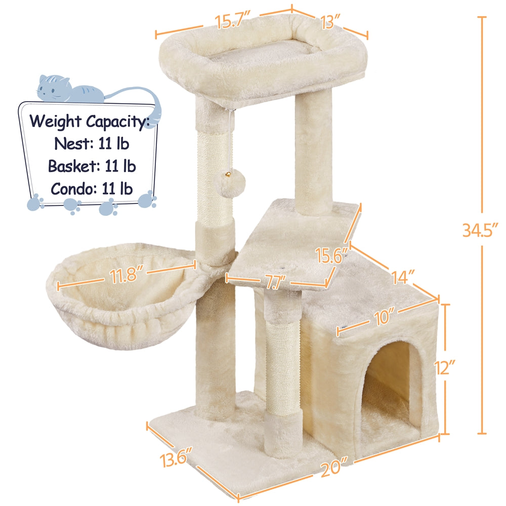Costoffs 34.5 Inch Plush Cat Tree Activity Center with Condo Nest Platform and Basket