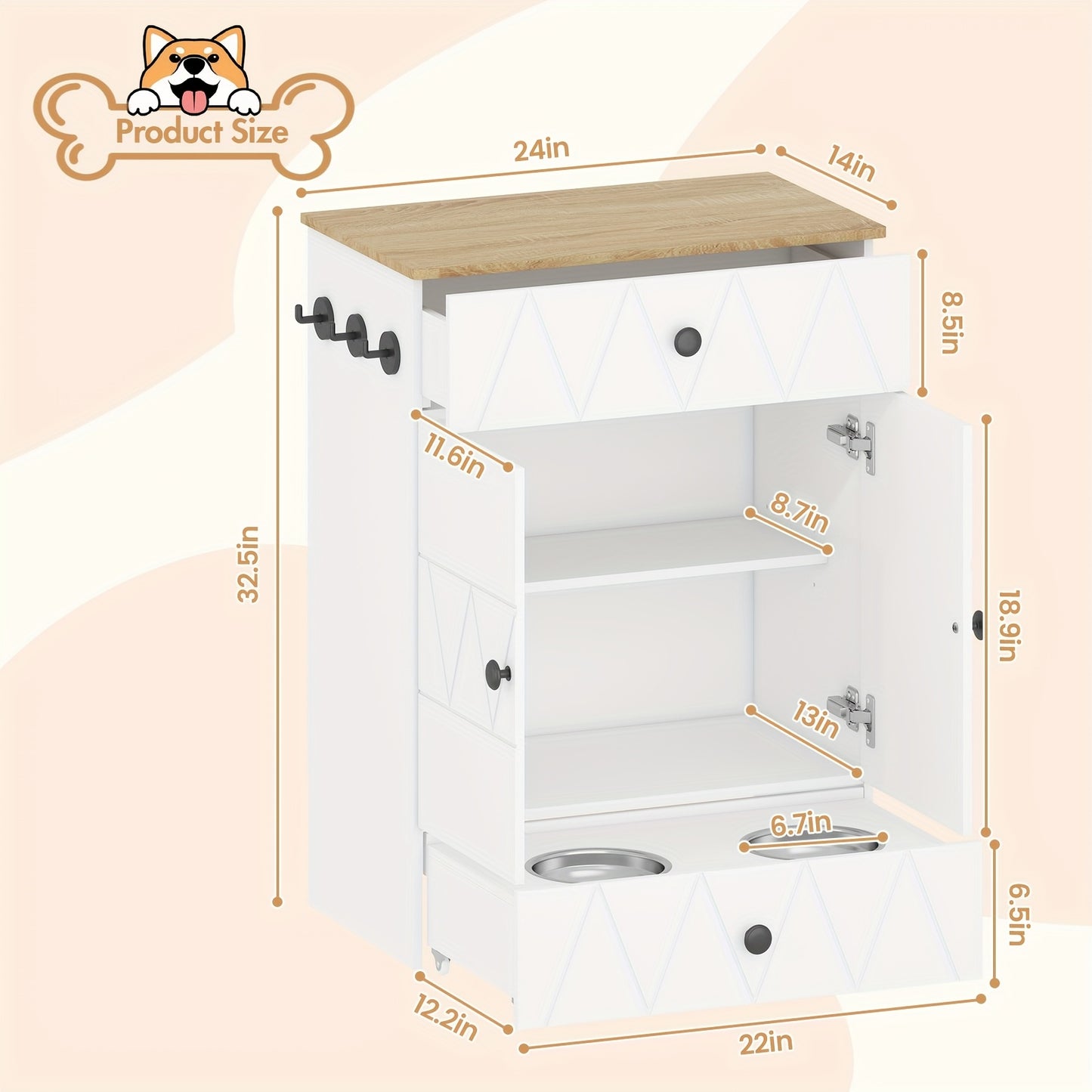 Advwin Wooden Pet Feeding Cabinet With Drawers And Hooks