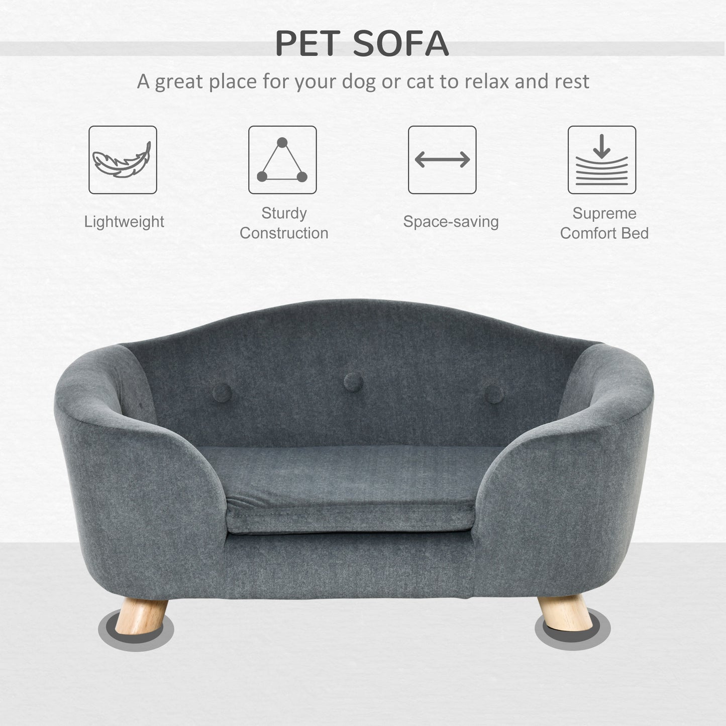 PawHut Gray Dog Cat Couch Sofa Bed for Miniature Dogs with Washable Cushion and Waterproof Cover