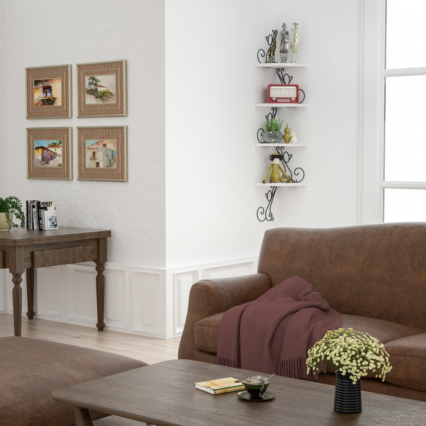 Floating Corner Wood Shelves 4 Tier Rustic Cat Shaped Wall Mounted Storage for Living Room Bedroom