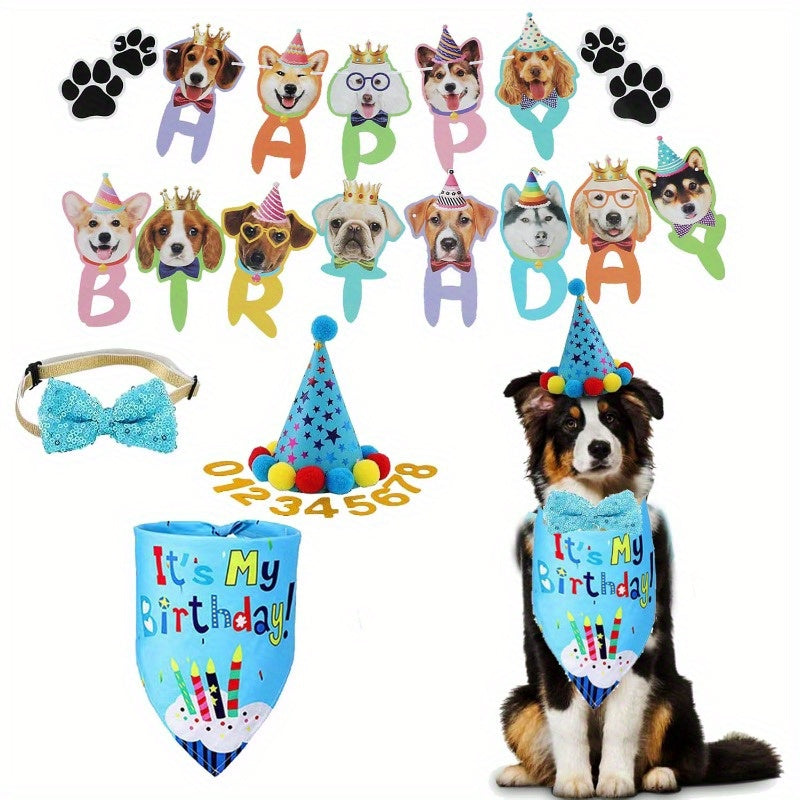 21 Piece Pet Birthday Party Set with Hats Banners Triangle Scarves and Decorations