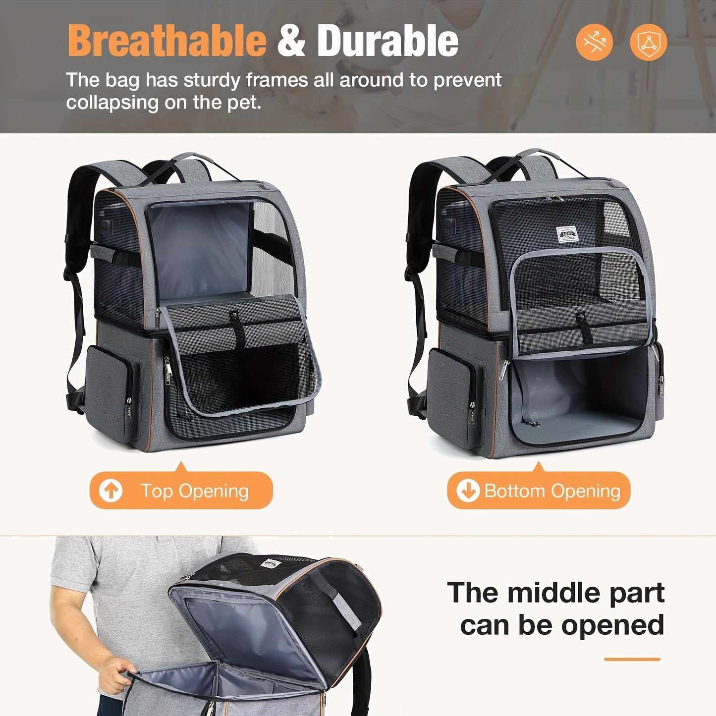 Lekereise Double Cat Backpack Carrier for Two Cats or One Medium Dog in Grey
