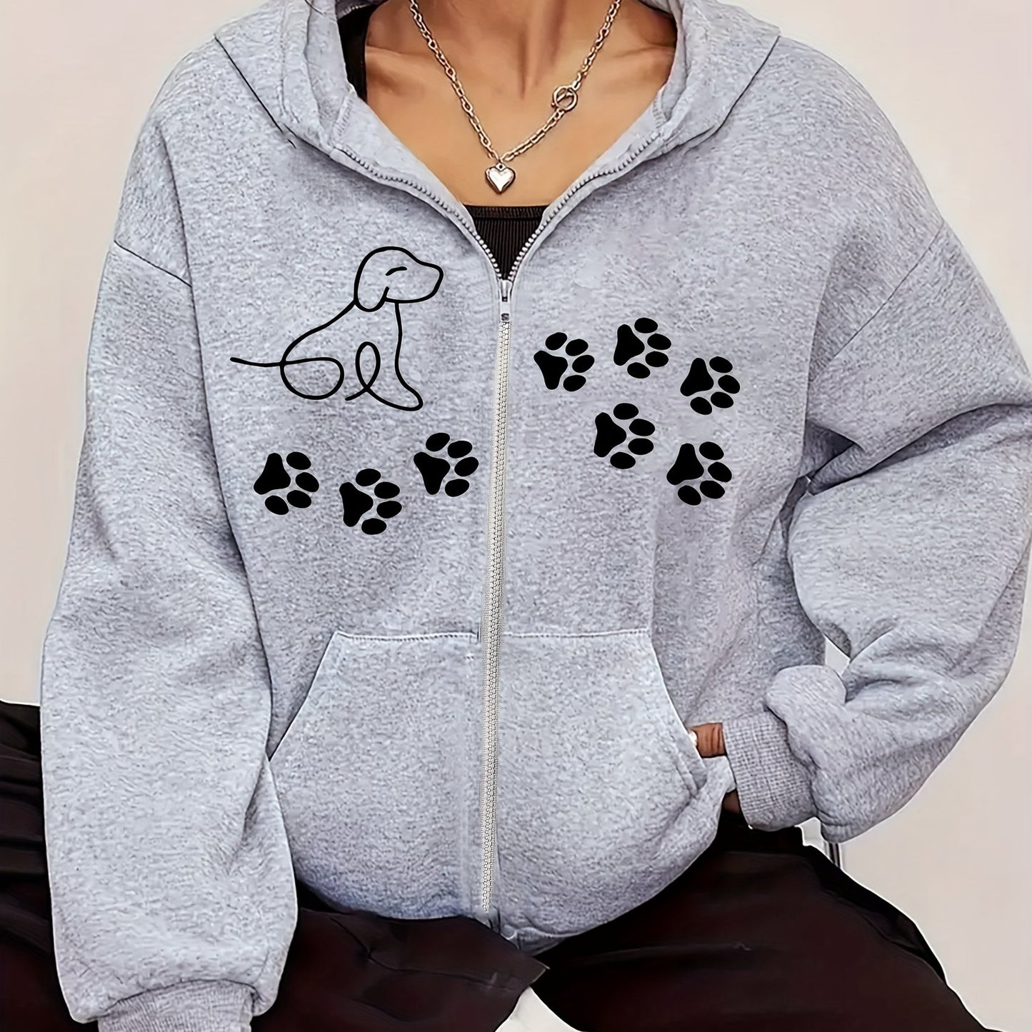 Women's Trendy Black Hoodie with Dog Paw Print Cozy Fleece Zip-Up Sweatshirt and Kangaroo Pocket