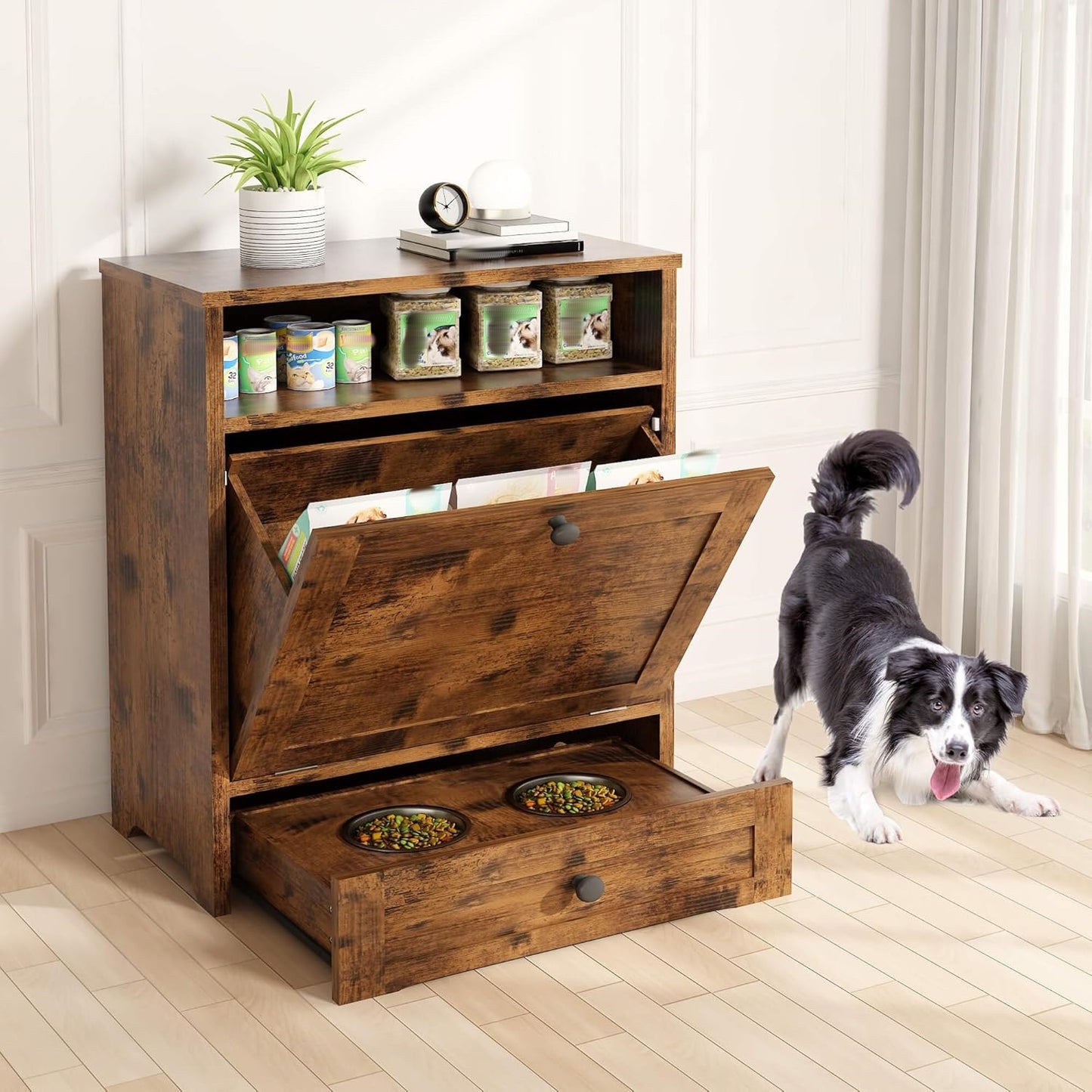 Wooden Elevated Dog Feeding Station With Storage Drawer