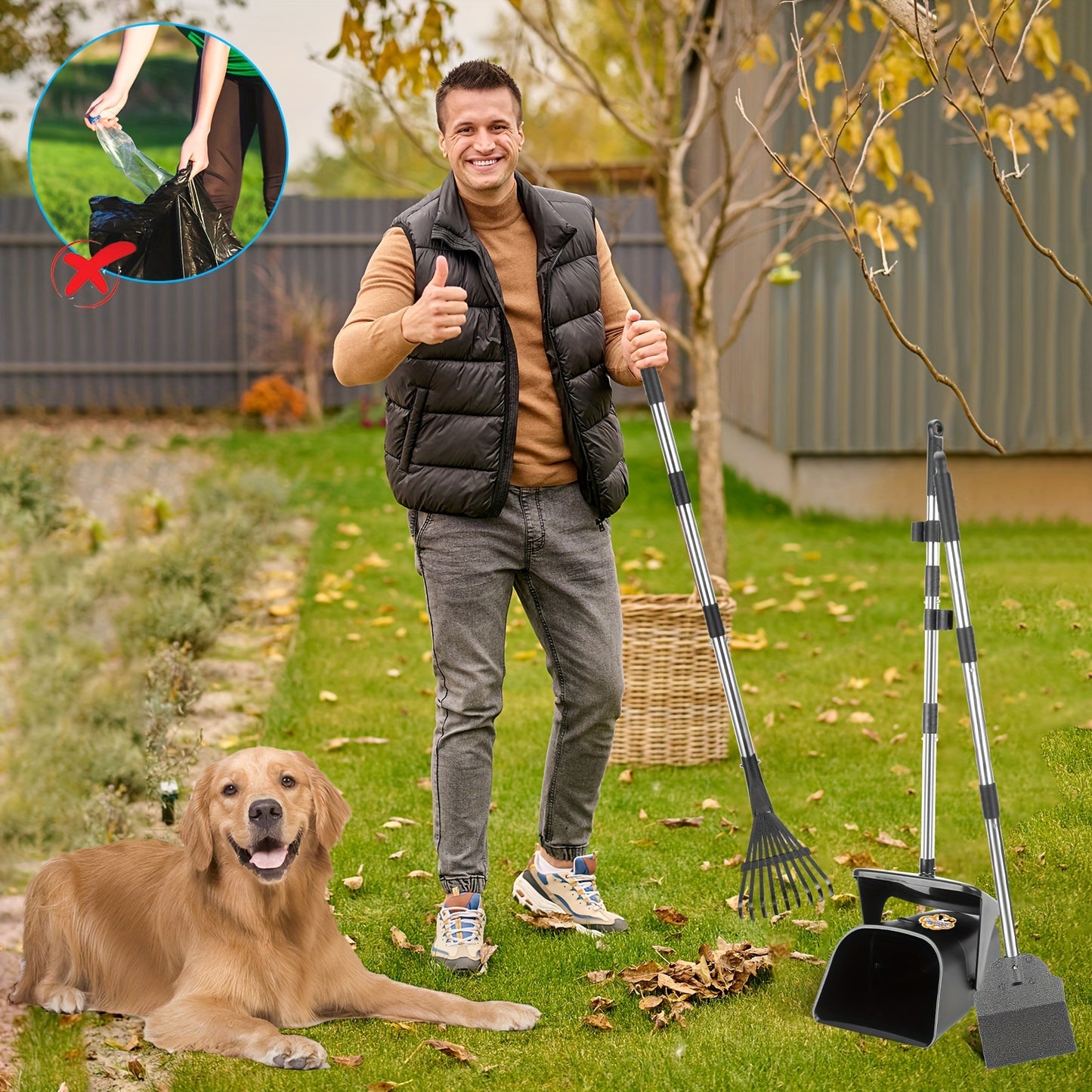 Large Swivel Pooper Scooper with Rake and Spade Plus 20 Waste Bags for Easy Pet Cleanup
