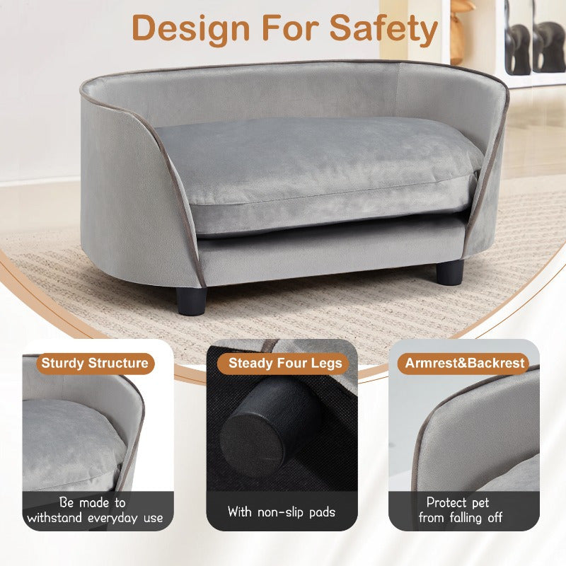Modern Wooden Pet Sofa Bed for Small to Medium Dogs and Cats with Washable Cushion in Light Gray