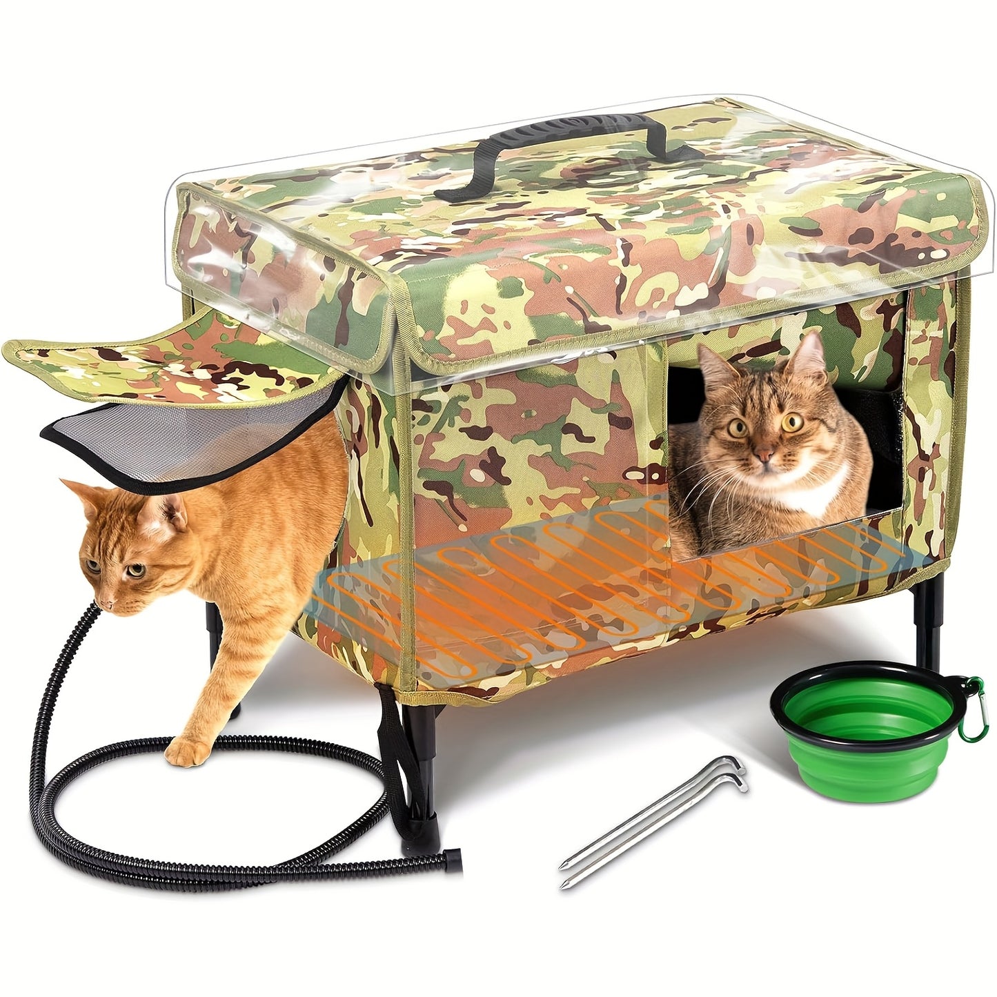 Indestructible Heated Cat House for Indoor and Outdoor Use with Collapsible Design and Food Bowl