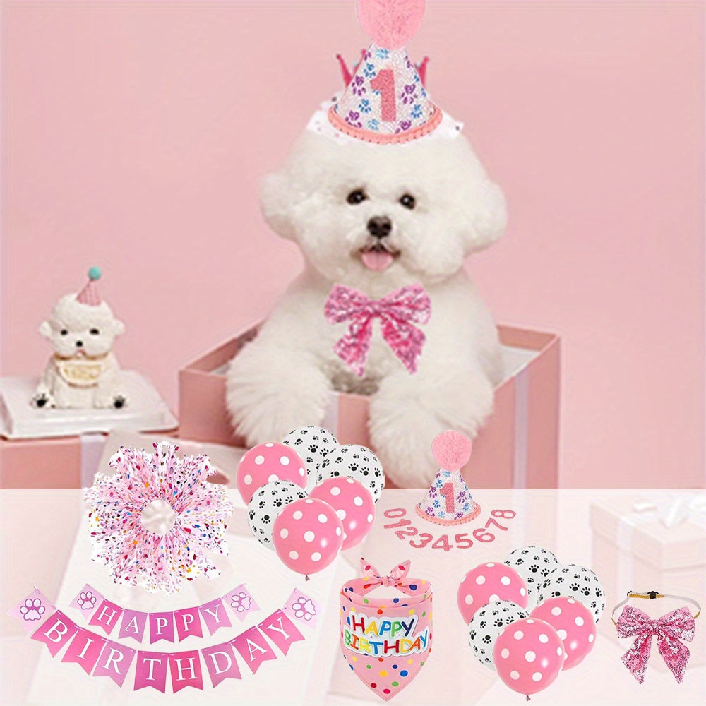27pcs Pink Pet Birthday Party Kit with Tutu Hat Bandana and More for Dogs and Cats