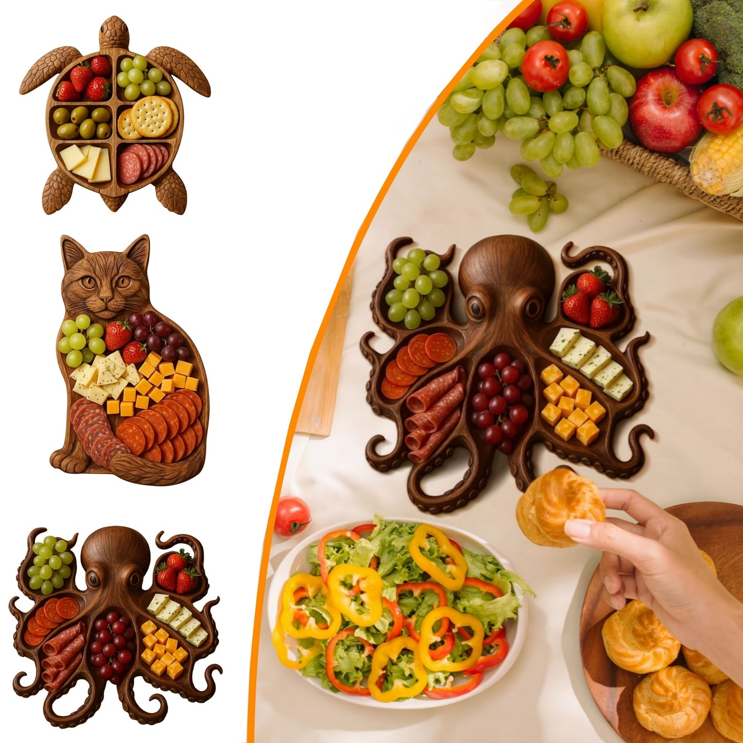 Handmade Octopus Turtle Cat Shaped Charcuterie Board Artificial Wood Serving Tray for Parties