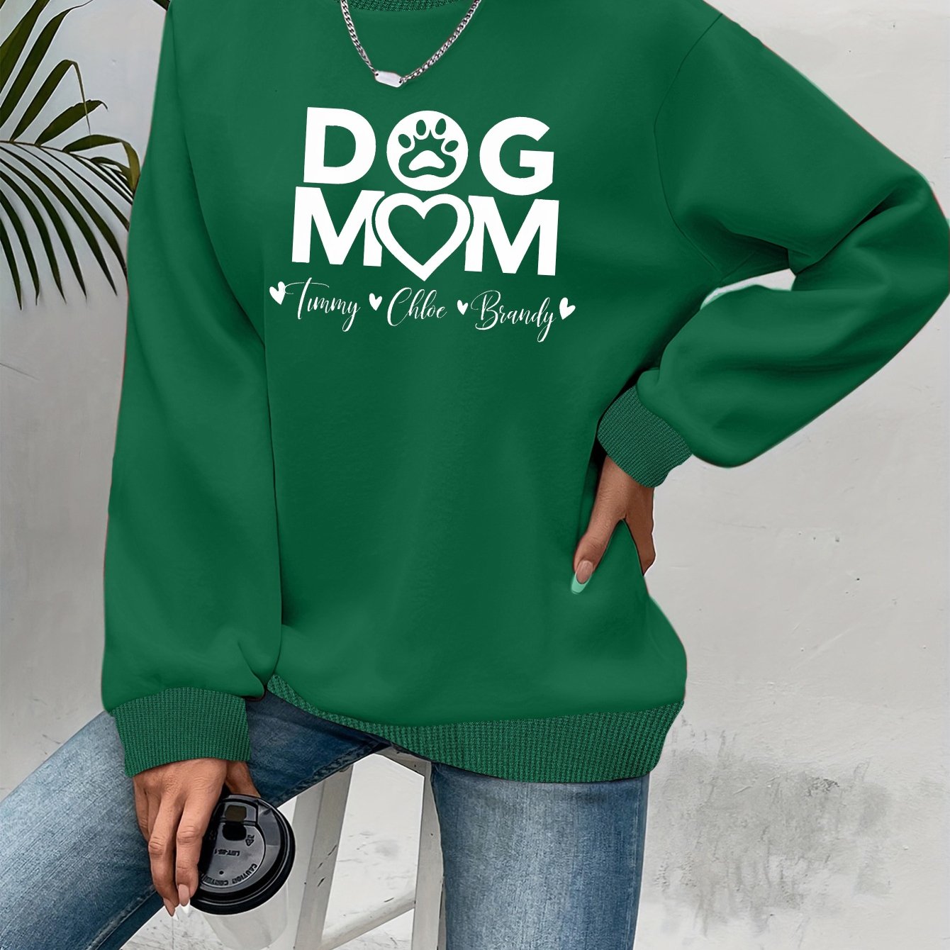 Teediy Women's Dog Mom Pink Sweatshirt with Paw Prints Casual Pullover for Autumn Winter