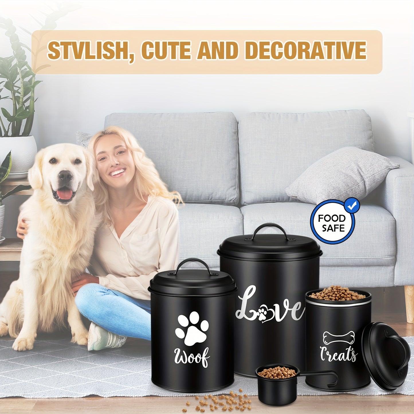 Airtight Metal Dog Treat Canister Set With Labels And Spoon