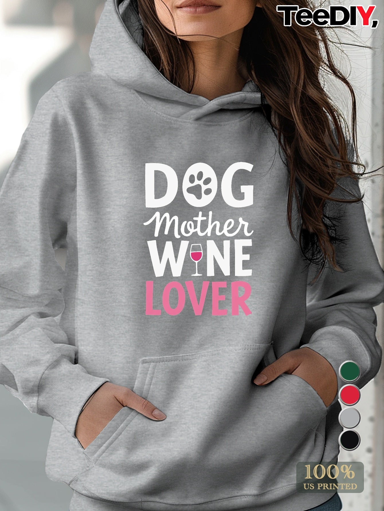 Teediy Women's Funny Dog Mom Wine Lover Hoodie Grey Pullover Sweatshirt for Pet Parents