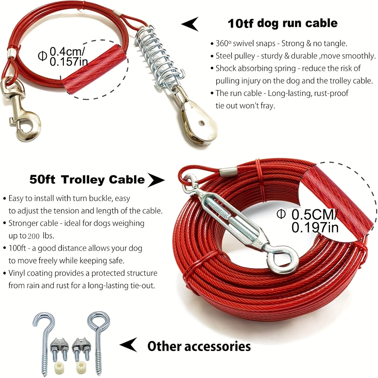 Heavy Duty 50ft Dog Tie Out Cable with 10ft Run for Training Camping Hiking Chew Proof Lead