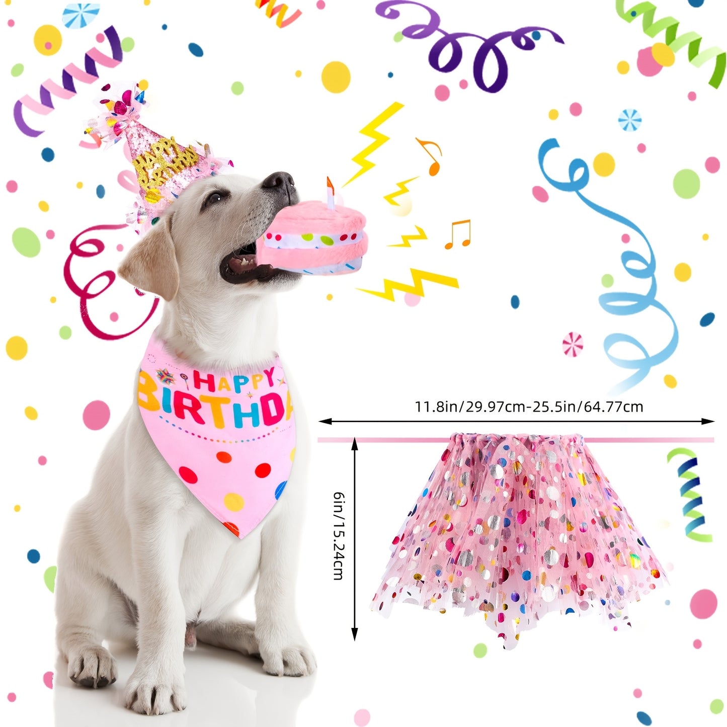 4pcs Dog Birthday Party Outfit Set with Bandana Hat Tutu Skirt and Dress for Medium Breeds