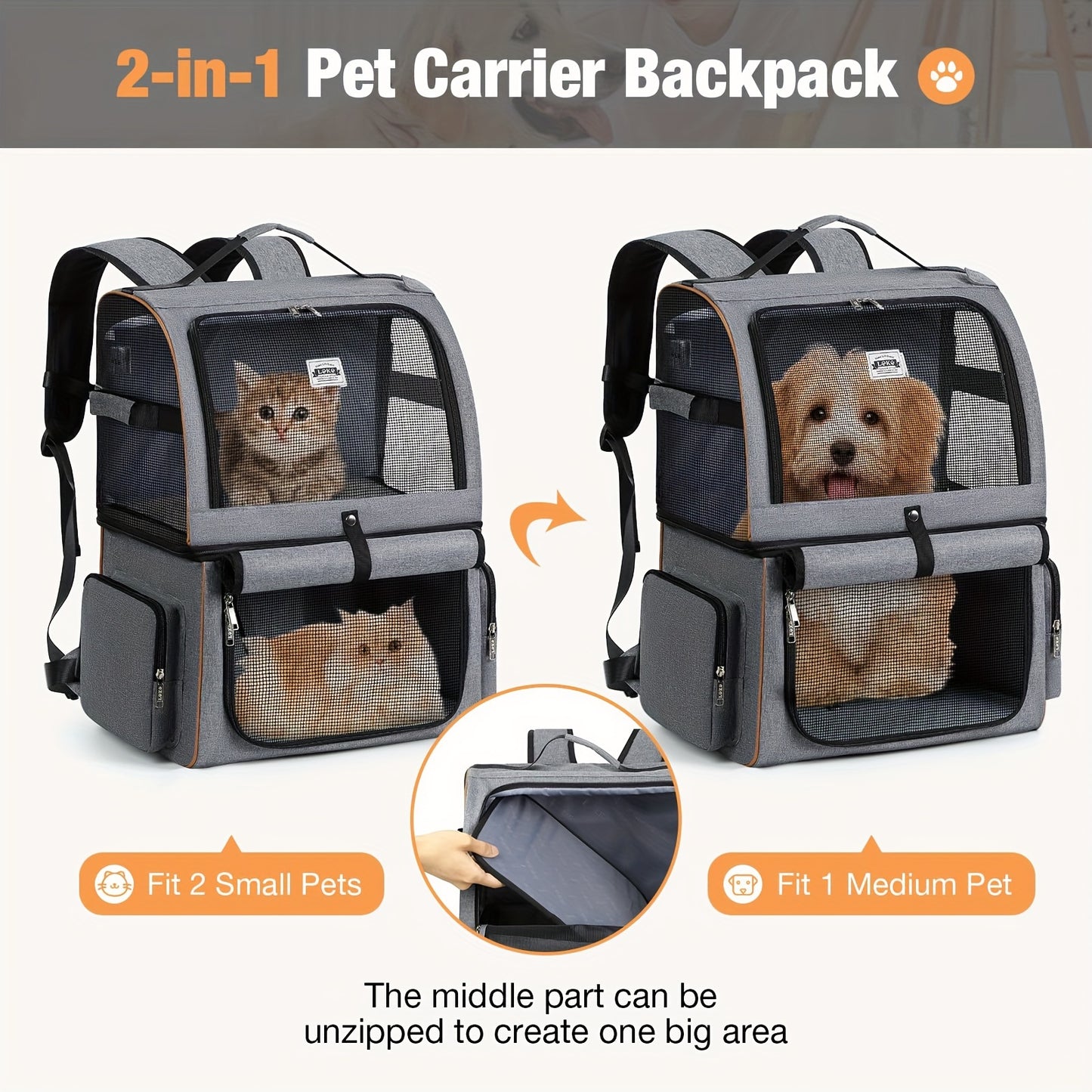 Lekereise Double Cat Backpack Carrier for Two Cats or One Medium Dog in Grey