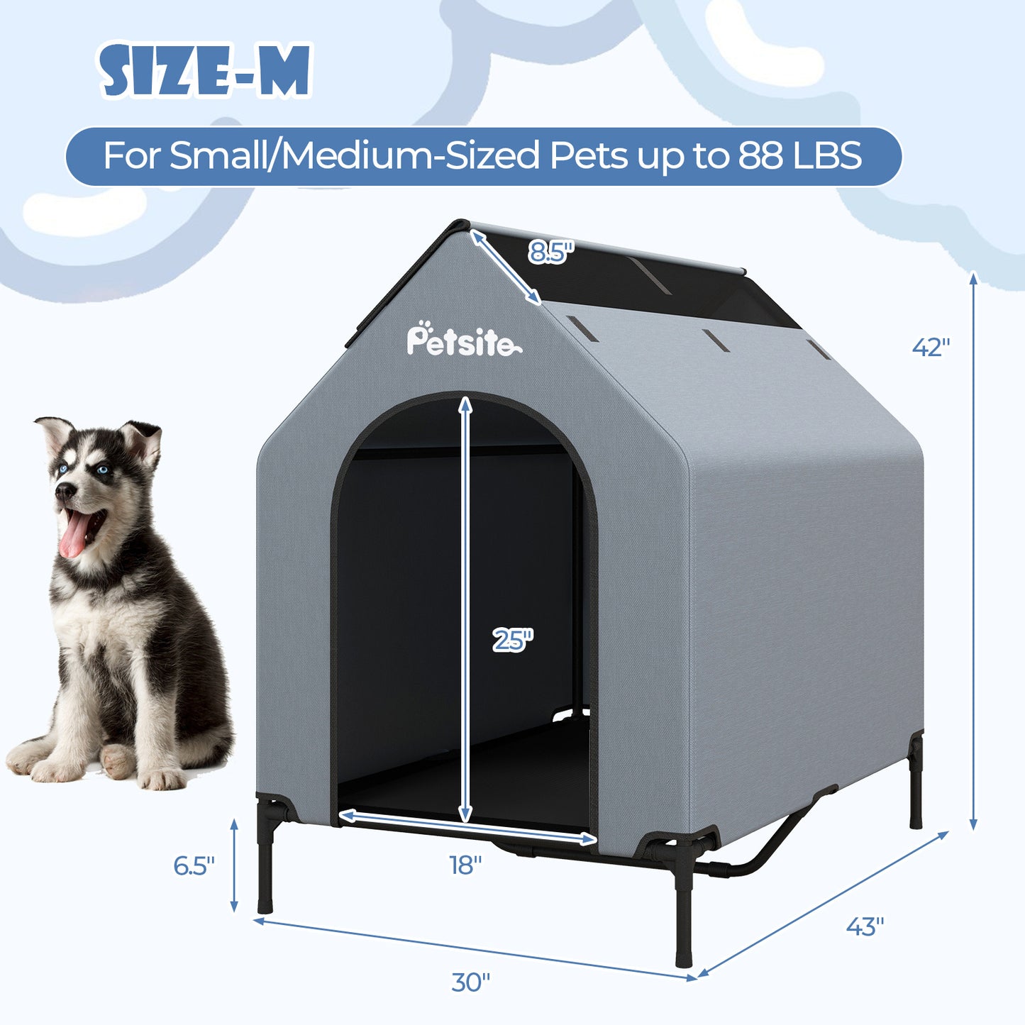 Costway 43 Inch Elevated Dog House with Ventilated Windows for Medium Breeds Indoor Outdoor