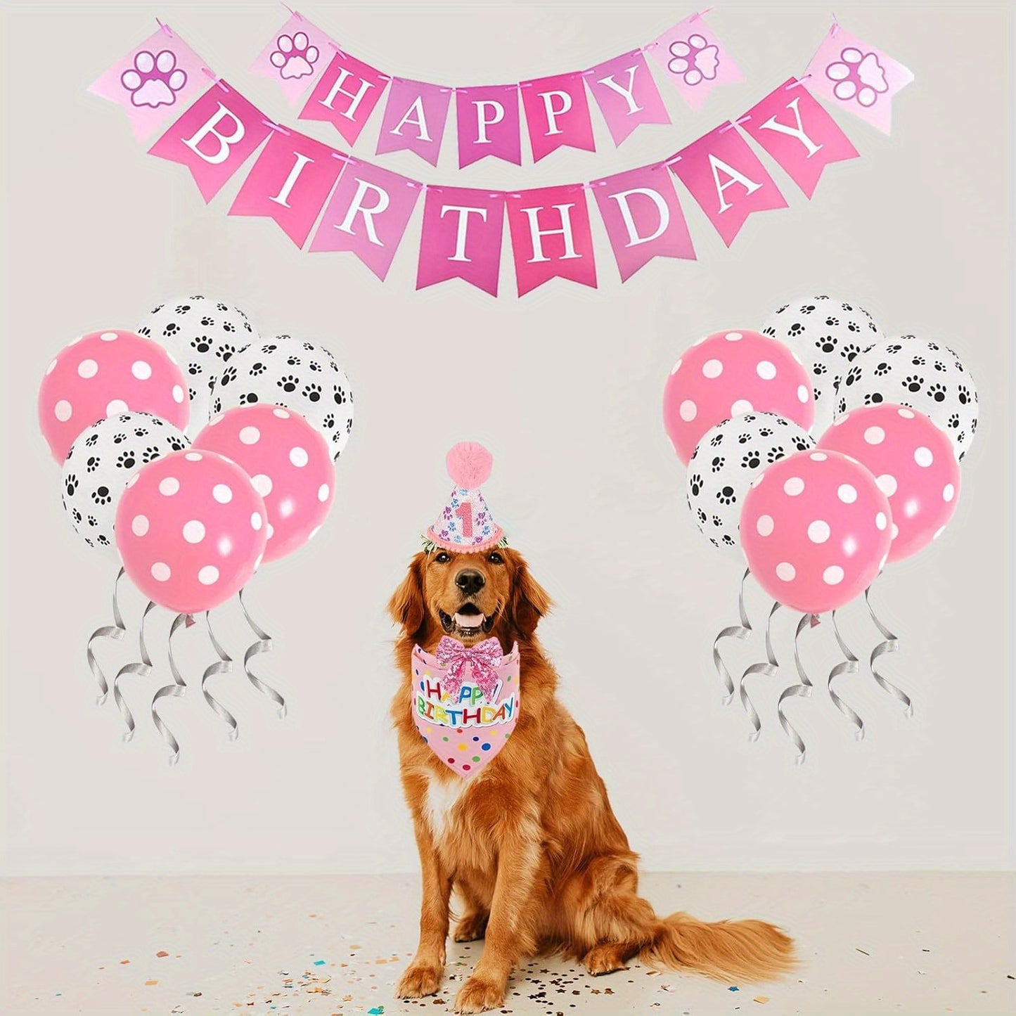 27pcs Pink Pet Birthday Party Kit with Tutu Hat Bandana and More for Dogs and Cats