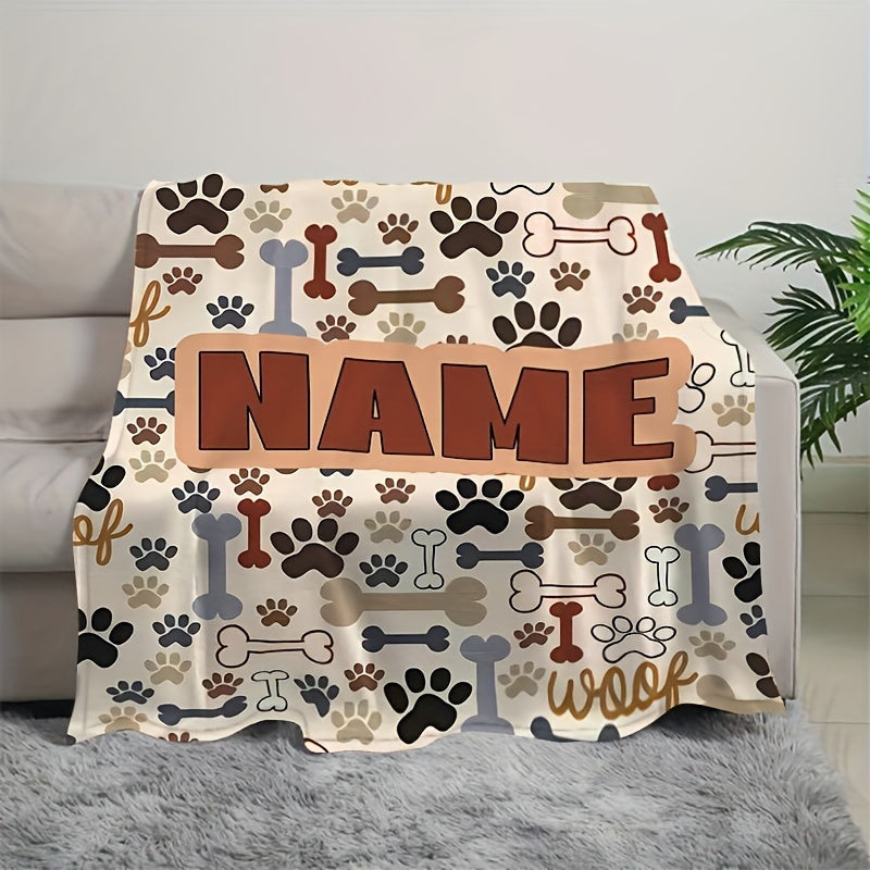 Customizable Woof Dog Bone Flannel Blanket All Season Hypoallergenic Machine Washable