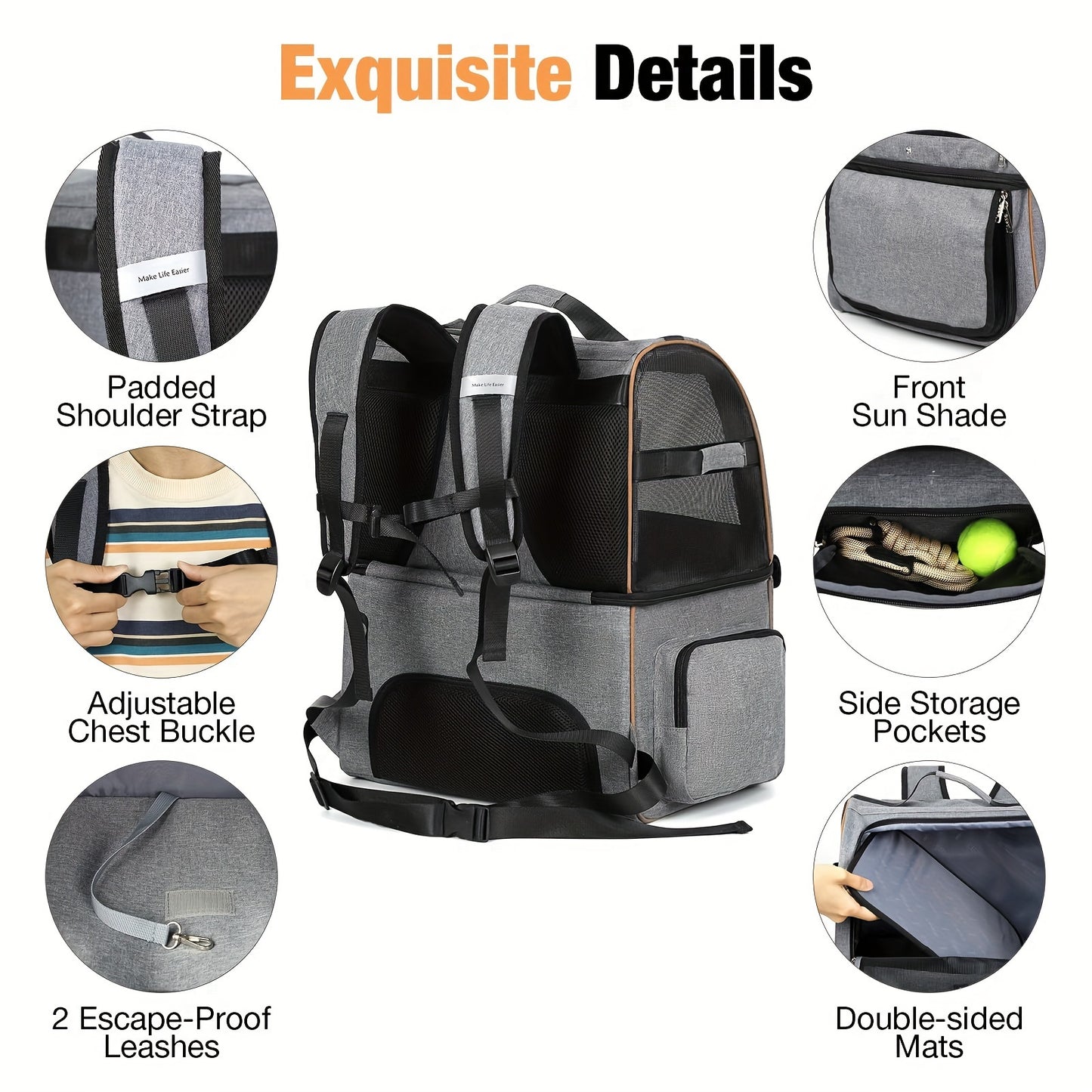 Lekereise Double Cat Backpack Carrier for Two Cats or One Medium Dog in Grey