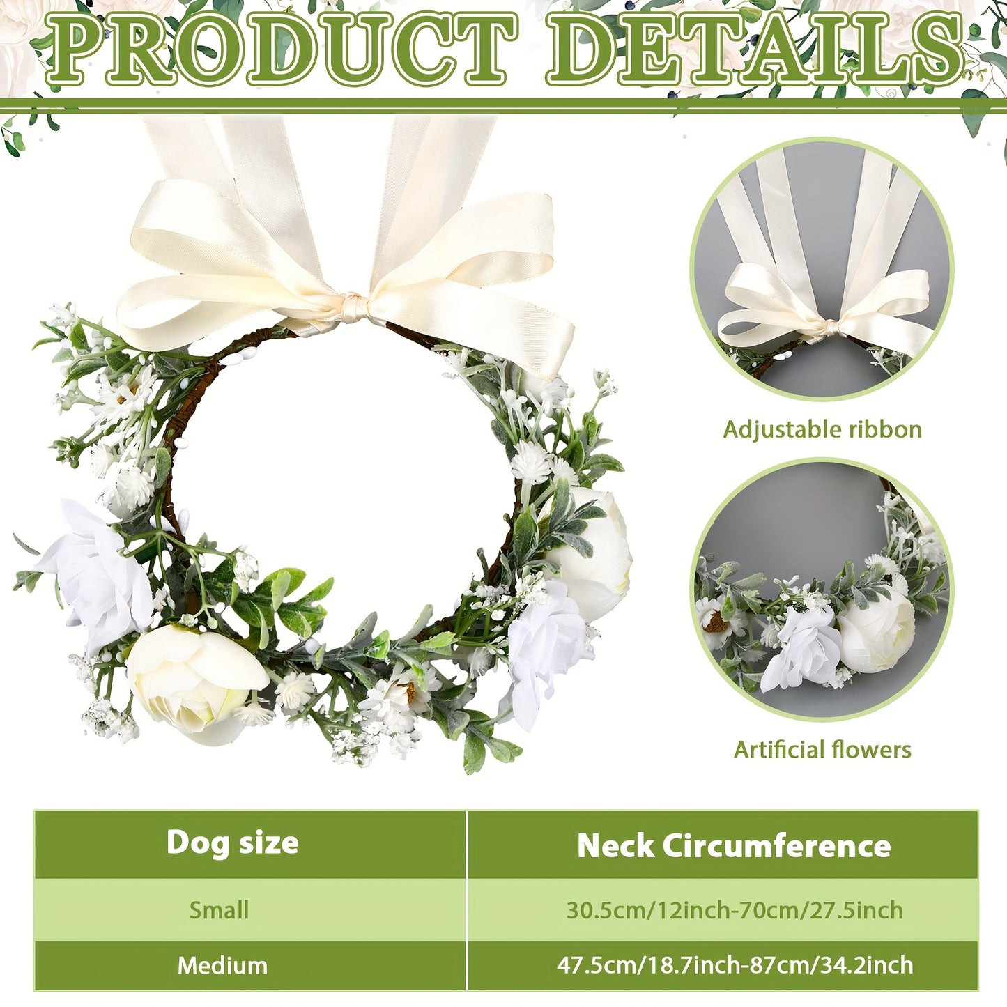 2 Piece Dog Flower Collar and Leash Set with Pearls for Weddings Adjustable for Medium Dogs